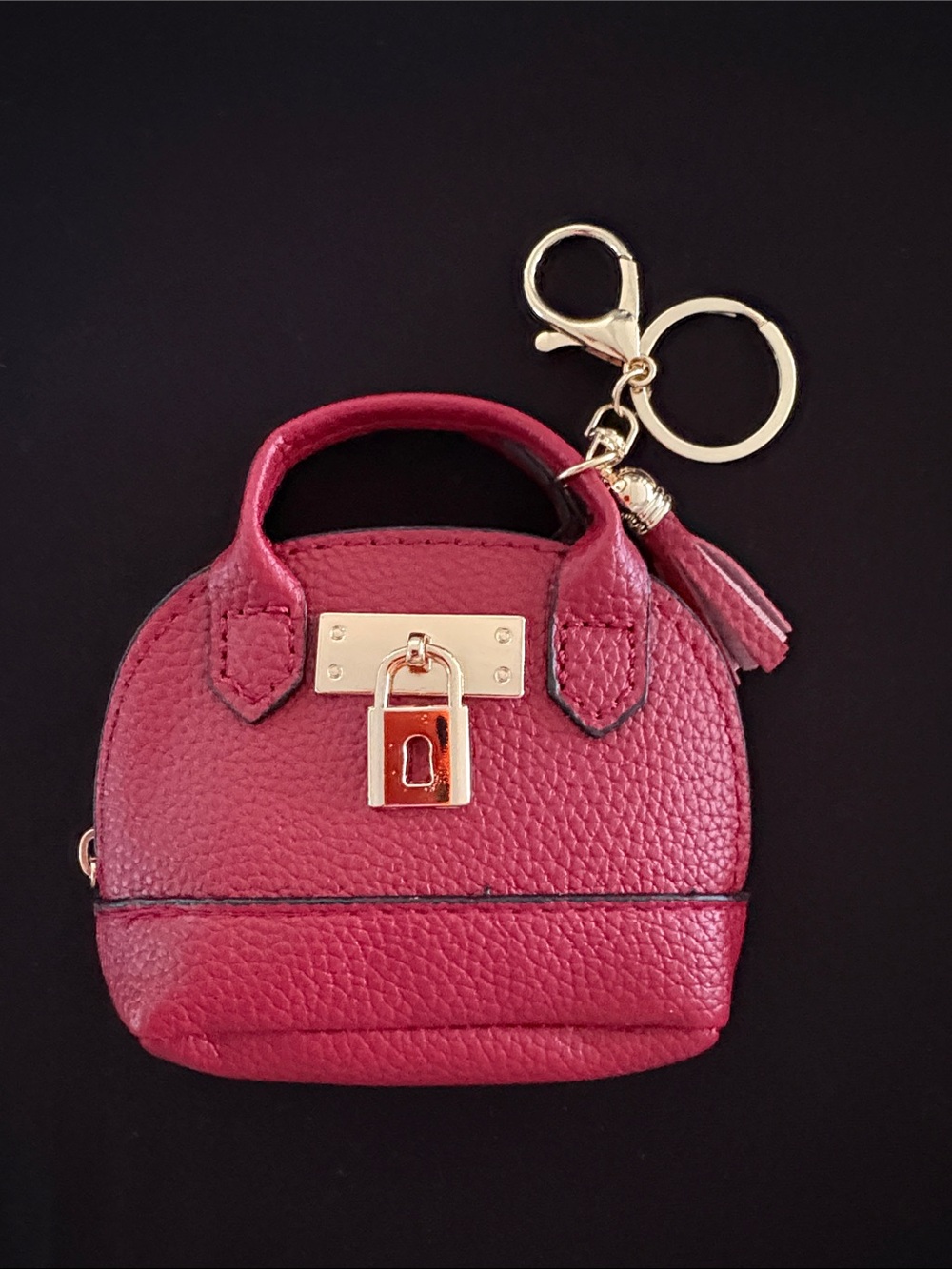 Red Faux Leather Zipper Hand Bag Keychain Bag Charm with Gold Hardware
